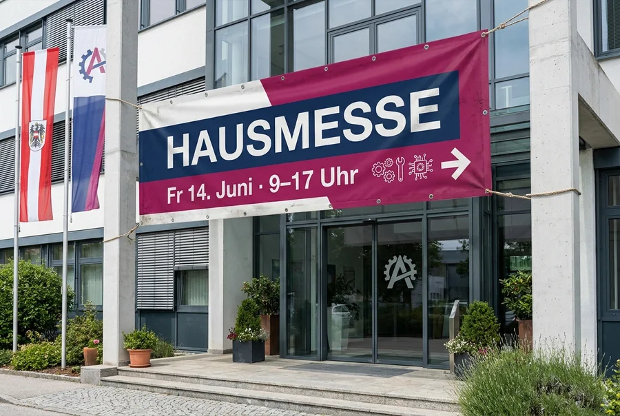 Firmenbanner für Hausmesse an einem Firmengebäude