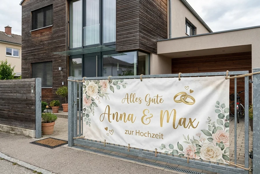 Gratulationsbanner zur Hochzeit an modernem Wohnhaus